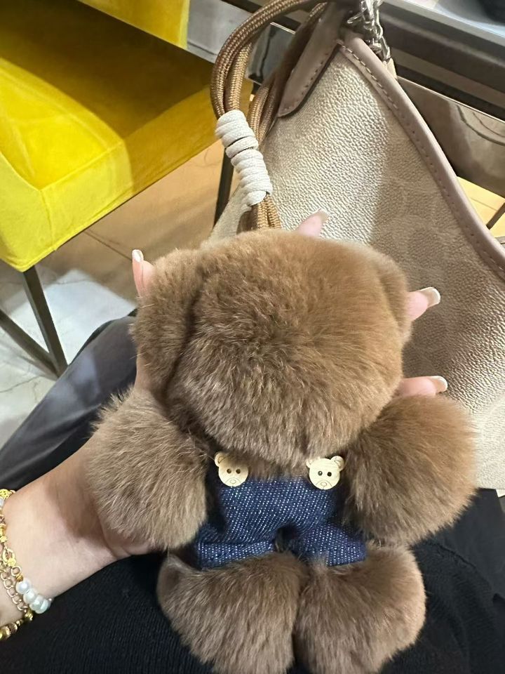 Chubby Fluffy Teddy Bear Keychain with Denim Overalls – Ultimate Hug-on-the-Go