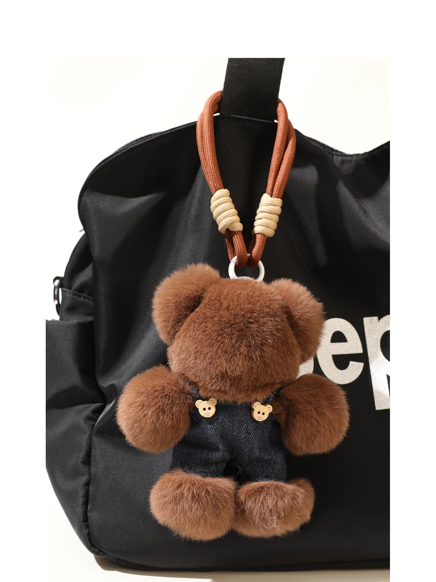 Chubby Fluffy Teddy Bear Keychain with Denim Overalls – Ultimate Hug-on-the-Go