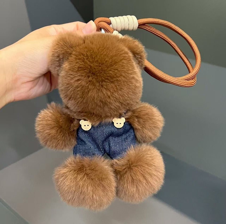 Chubby Fluffy Teddy Bear Keychain with Denim Overalls – Ultimate Hug-on-the-Go