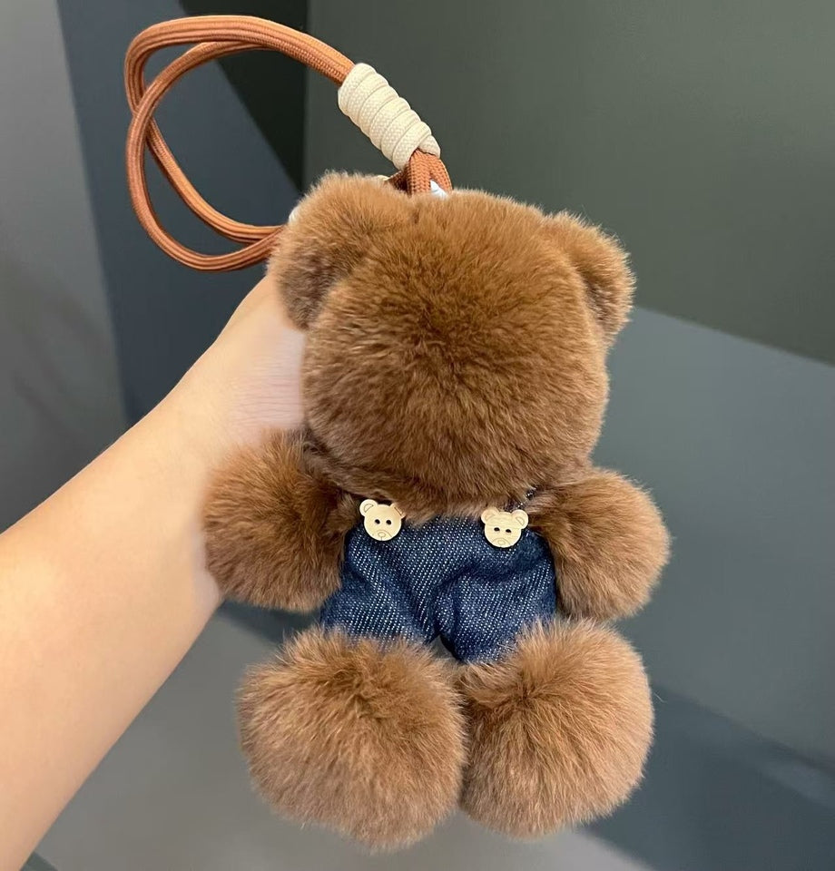 Chubby Fluffy Teddy Bear Keychain with Denim Overalls – Ultimate Hug-on-the-Go