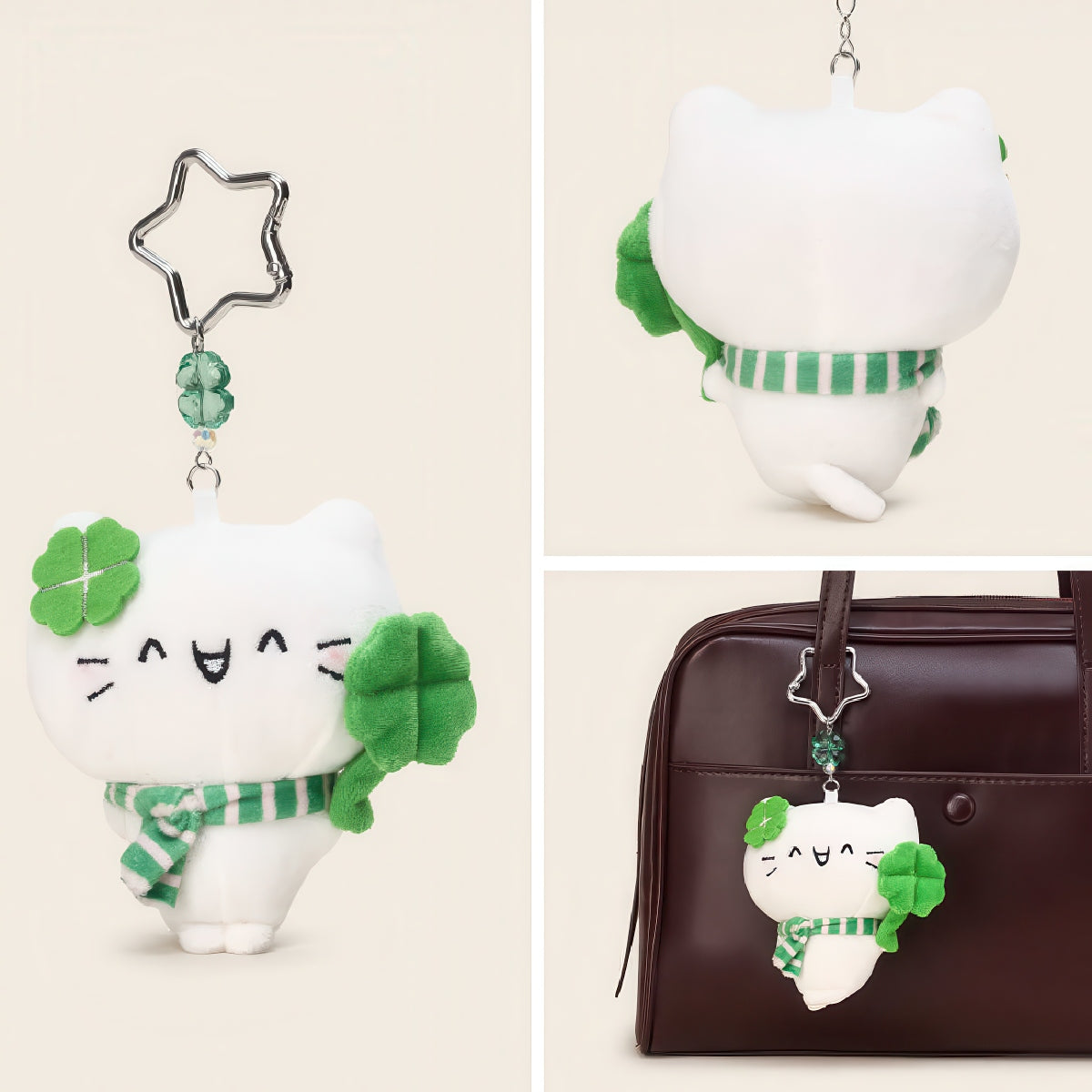 Lucky Clover Cat Plush Keychain Bag Charm